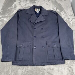 Vintage 90s Navy Denim Pea Coat Mens Medium Double Breasted Workwear Canvas Y2K